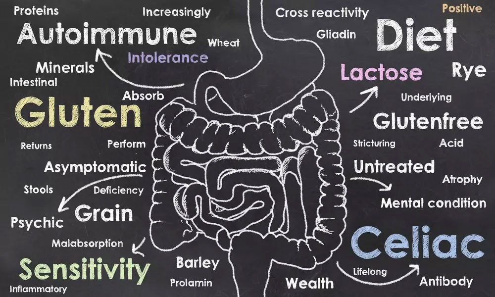 Chalkboard illustration of a digestive system with words like "Gluten," "Celiac," and "Sensitivity" surrounding it, highlighting food sensitivity. Emphasizes gluten-free, allergen-friendly diets for healthy living and fresh, wholesome meals.| Daré Vita Café | Las Vegas