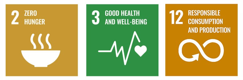 Footer-3-boxes Three vibrant icons represent sustainability goals: a steaming bowl for zero hunger, a heart and pulse line for good health, and an infinity loop for responsible consumption, emphasizing the importance of fresh, wholesome meals for healthy living.| Daré Vita Café | Las Vegas