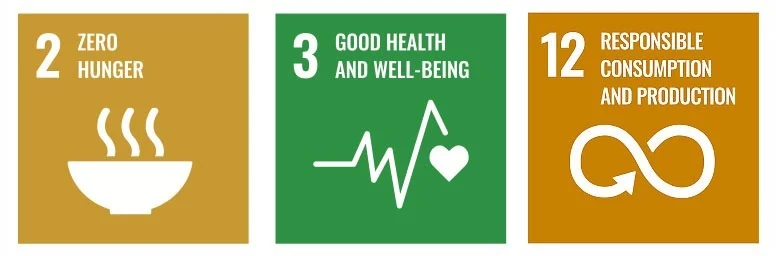 Footer-3-boxes Three vibrant icons represent sustainability goals: a steaming bowl for zero hunger, a heart and pulse line for good health, and an infinity loop for responsible consumption, emphasizing the importance of fresh, wholesome meals for healthy living.| Daré Vita Café | Las Vegas