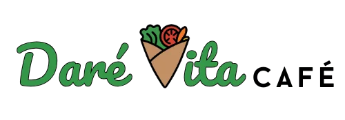 The Daré Vita Café logo features vibrant green cursive text with a stylized crepe filled with fresh produce, symbolizing their focus on allergen-friendly, plant-based, and wholesome meals.| Daré Vita Café | Las Vegas