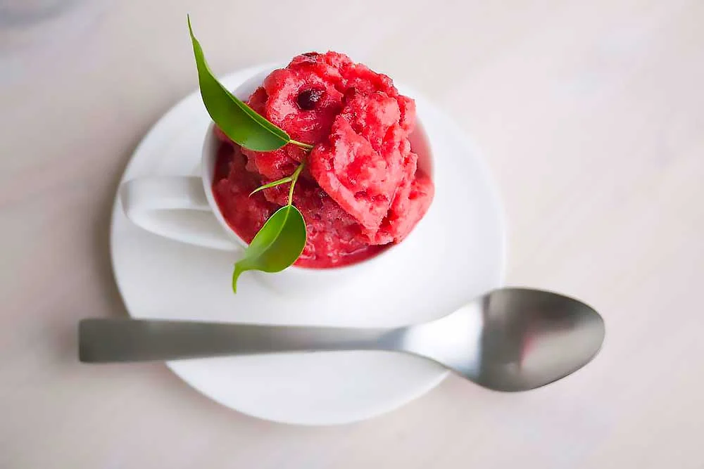 A vibrant scoop of red sorbet sits in a white cup on a matching saucer, garnished with green leaves. A silver spoon lies beside it, highlighting the fresh, natural, and allergen-friendly dessert.| Daré Vita Café | Las Vegas