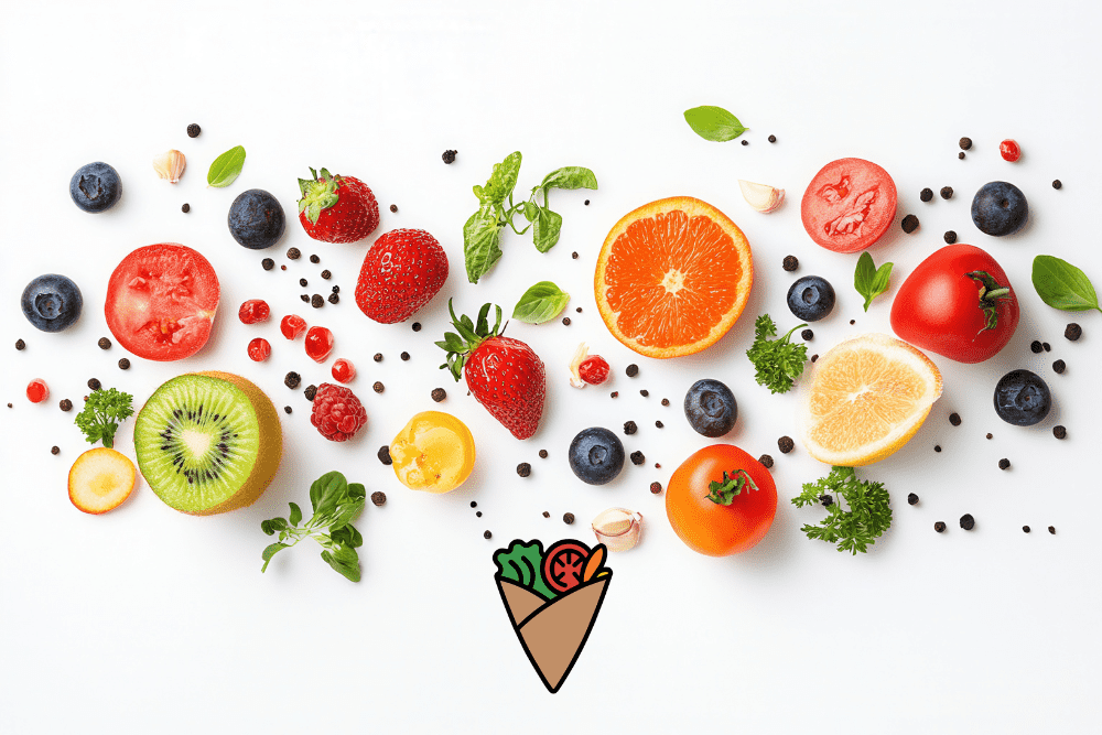 Understanding _Edible Grass Ingredient Free__ Why It’s Important for Your Health -1 Fresh fruits and vegetables arranged beautifully, showcasing healthy ingredients from DareVitaCafe.