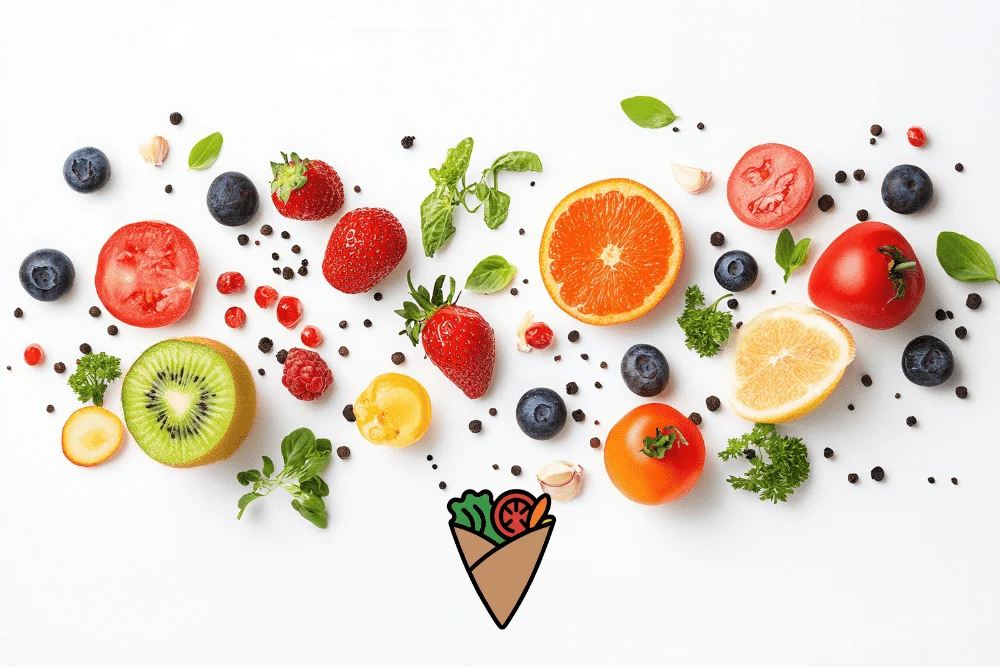 Understanding _Edible Grass Ingredient Free__ Why It’s Important for Your Health -1 Fresh fruits and vegetables arranged beautifully, showcasing healthy ingredients from DareVitaCafe.