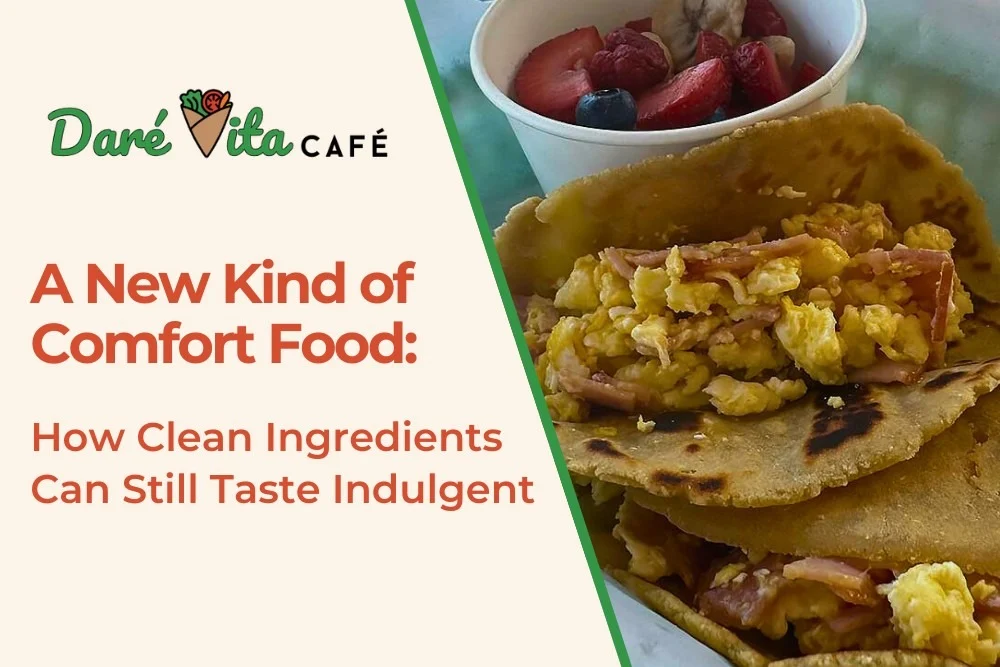 A vibrant roti wrap filled with scrambled eggs and ham sits beside a cup of fresh berries, showcasing allergen-friendly, clean ingredients from Daré Vita Café, emphasizing natural and healthy living.| Daré Vita Café | Las Vegas