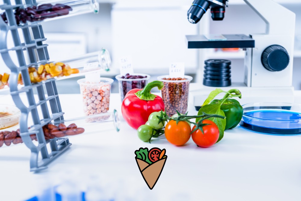 How Science and Nature Power Every Bite-1 A vibrant lab scene with fresh produce like tomatoes and peppers beside test tubes and a microscope, symbolizing the blend of science and natural, allergen-friendly, wholesome meals.| Daré Vita Café | Las Vegas